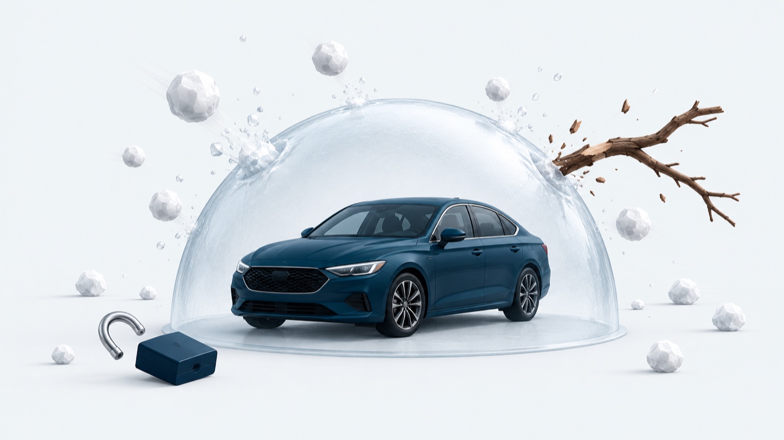 Автомобиль под прозрачным куполом, от которого отскакивают градины и ветка